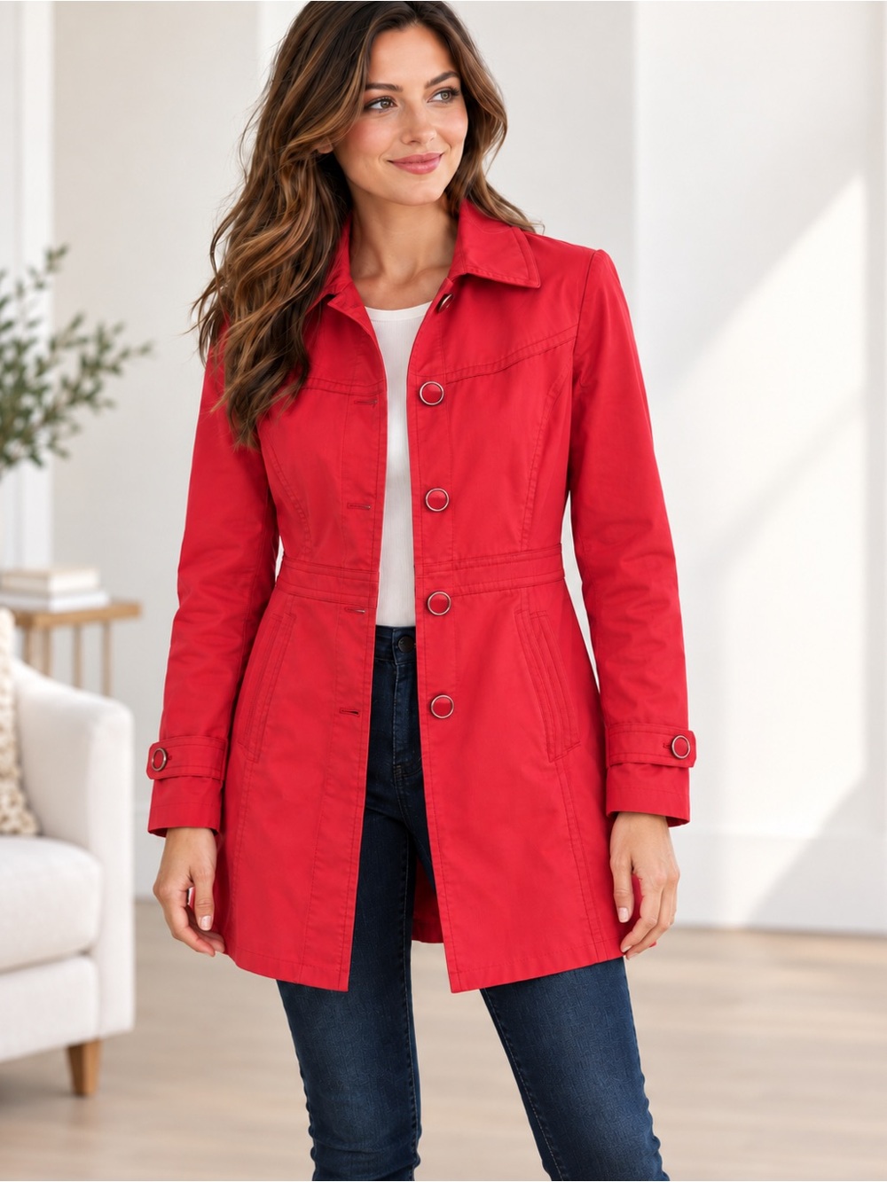 Banana Republic Cherry Red Trench Coat Jacket Medium Cotton Tailored Snap Front